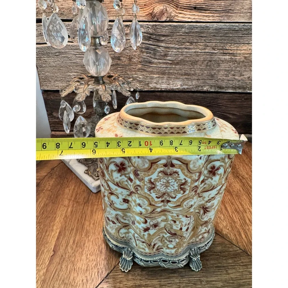 Amita Crackle Glaze Ceramic Jar with Ormolu Brass Base Floral Decorative Vase